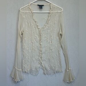 Eci Chiffon Embroidered Ruffle Button-Front Top - Cream